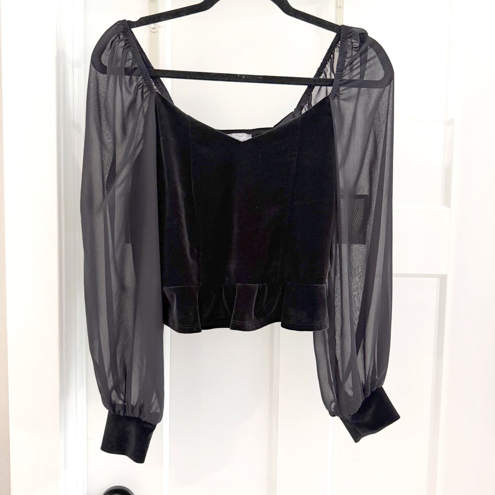 Band of the Free Black Velvet Sheer Mesh Sleeve Smocked Top M Romantoc
